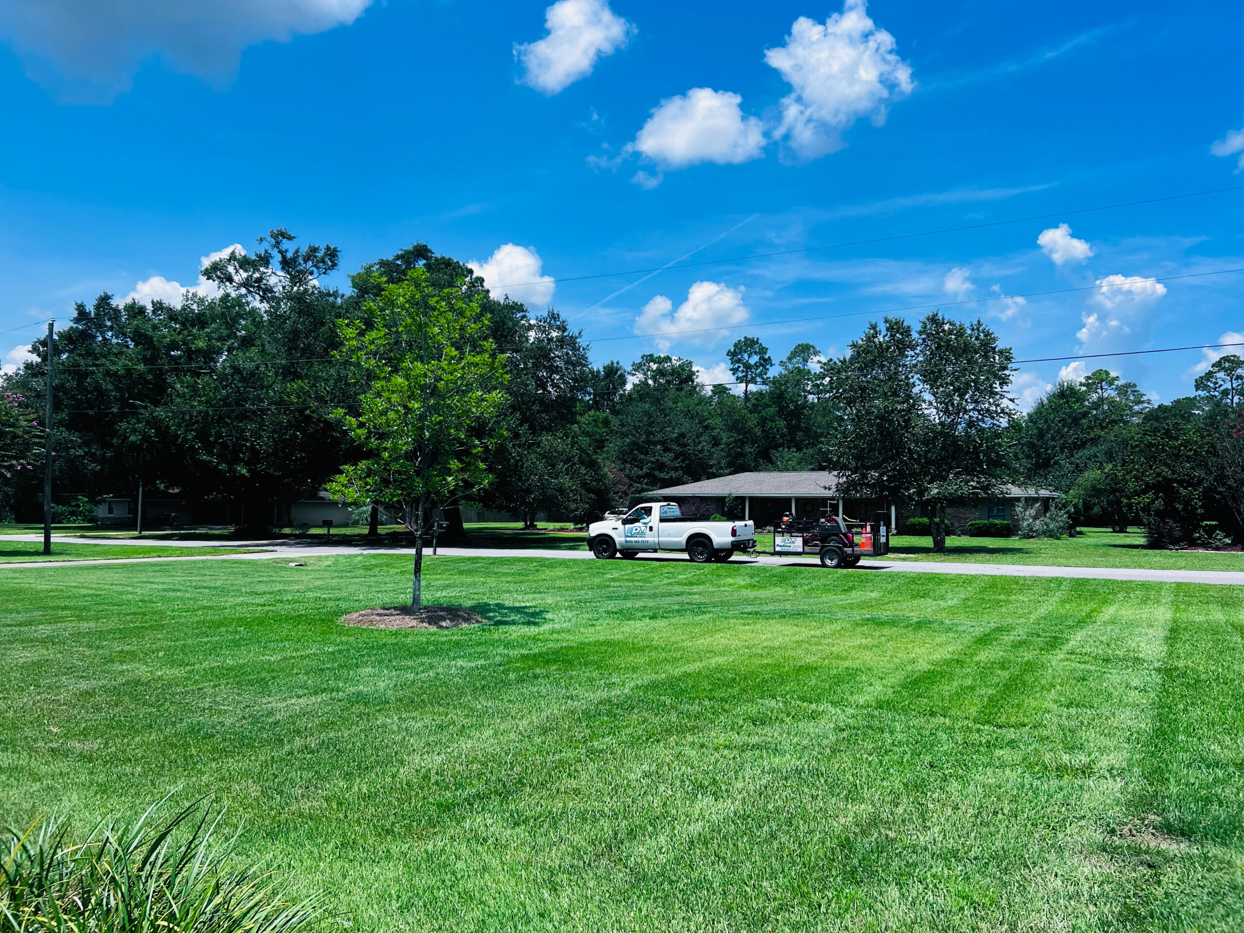Landscaped front yard with freshly mowed grass, a small tree, and a parked landscaping service truck with equipment trailer.