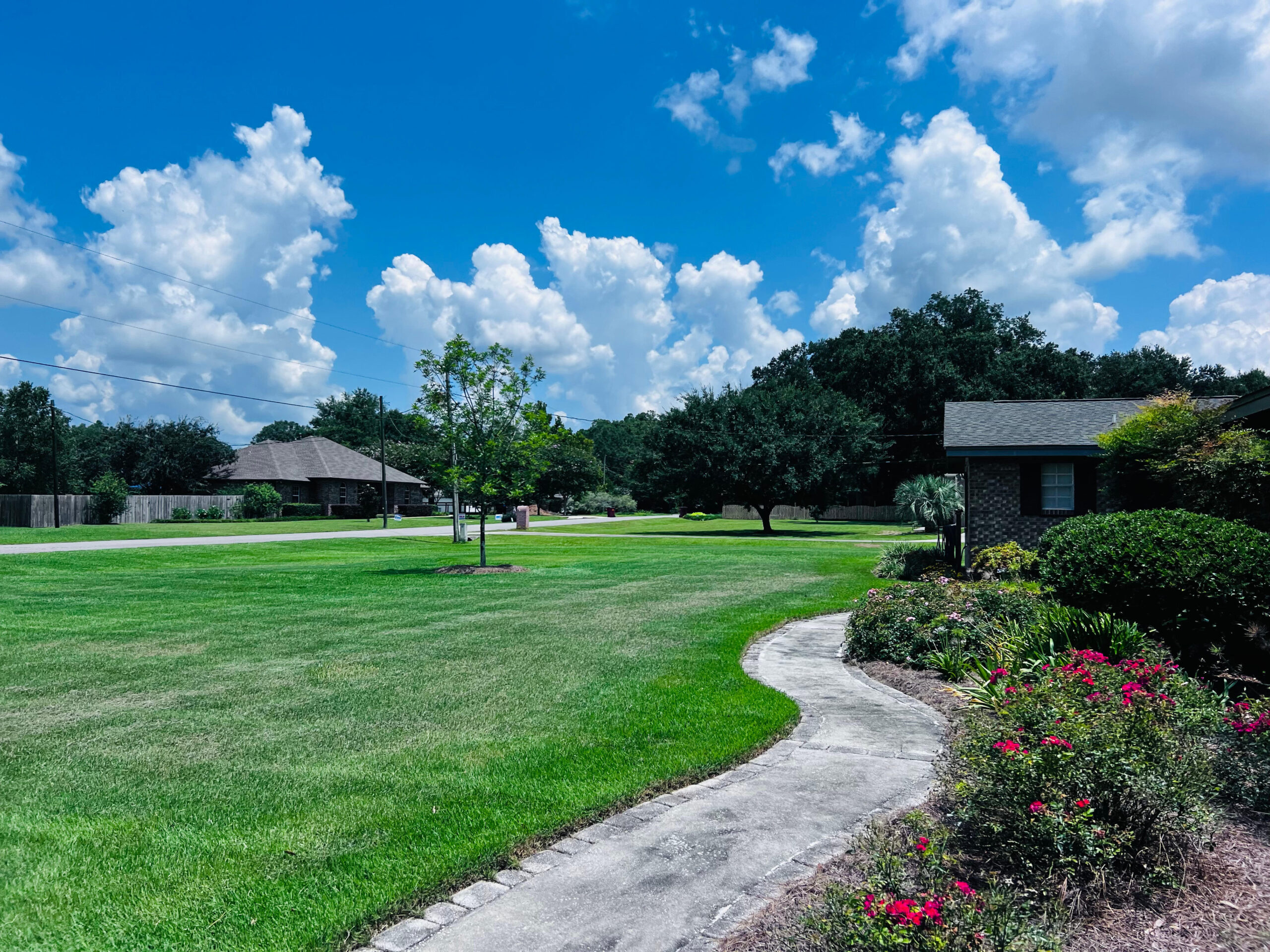 Curved sidewalk borders a manicured lawn and flower bed, with trees and homes in the background under a bright blue sky.